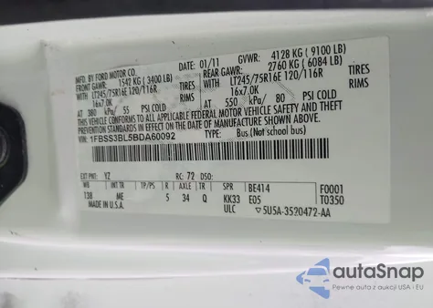 2011 Ford E-350 Super Duty Xlt z USA, uszkodzony, nr VIN 1FBSS3BL5BDA60092